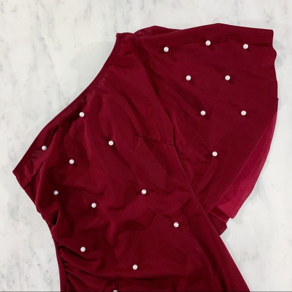 Burgundy Red Midi Dress with Pearls - Picture 2 of 8
